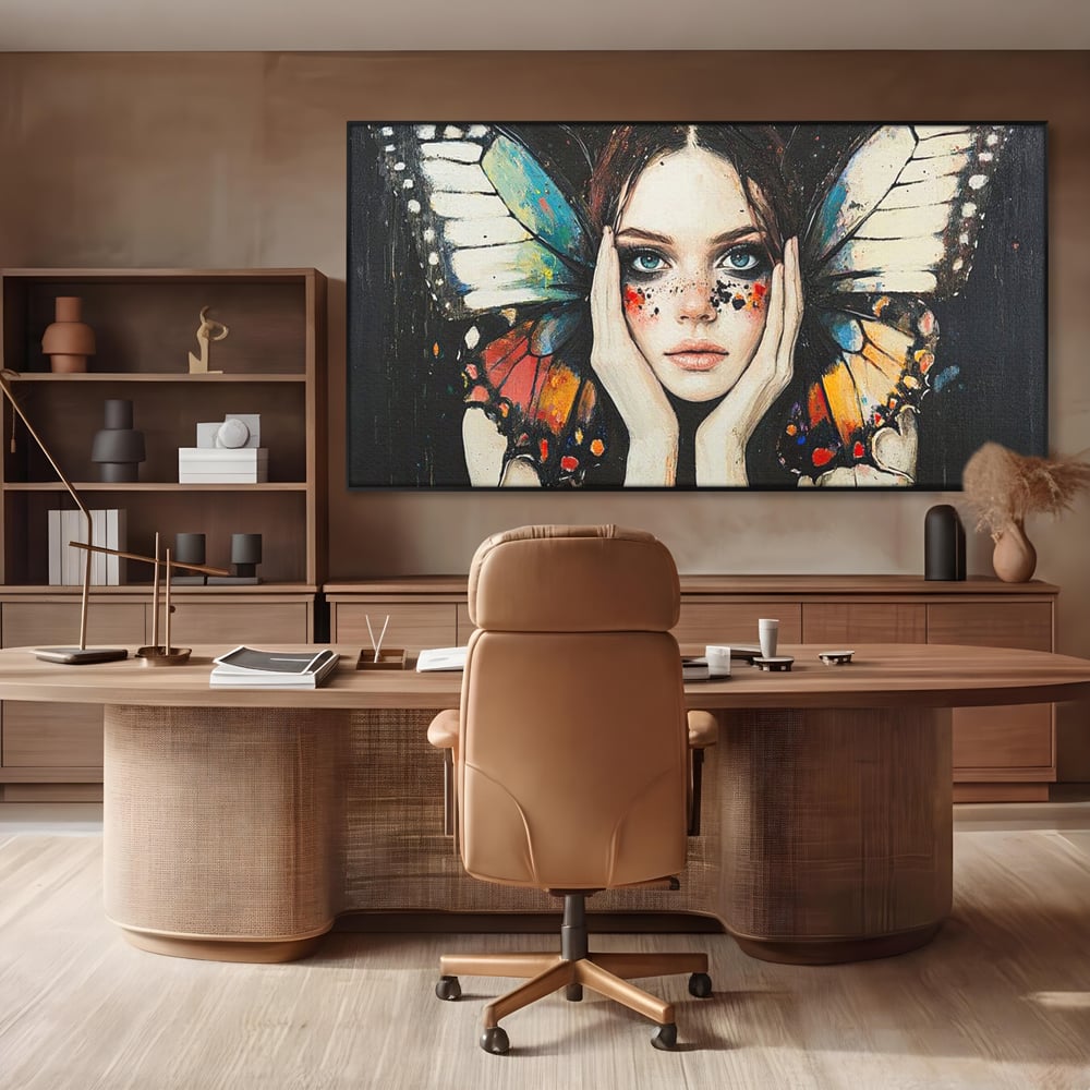 Tablou canvas cu tablou canvas cu femeie si aripi de fluture, in rama de aluminiu negru, pe perete intr-un birou